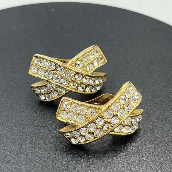 Vintage Estate Rhinestone Encrusted Pave Gold Tone X Shaped Clip On Earrings - Picture 2 of 10